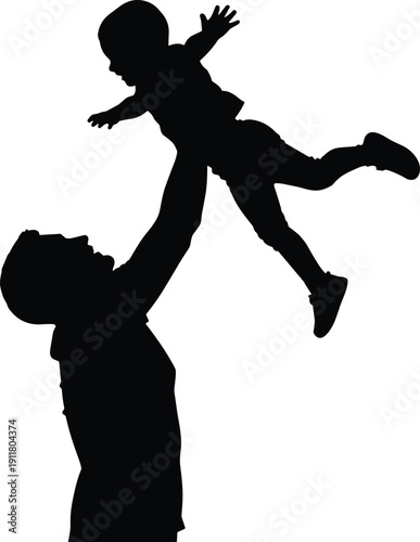 Father lifting child silhouette, happy dad and son playing together, family love black vector illustration isolated