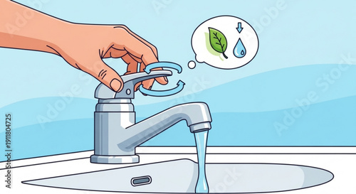 Hand turning on a faucet with clean water flowing symbolizing conservation and environmental care perfect for eco-friendly concepts