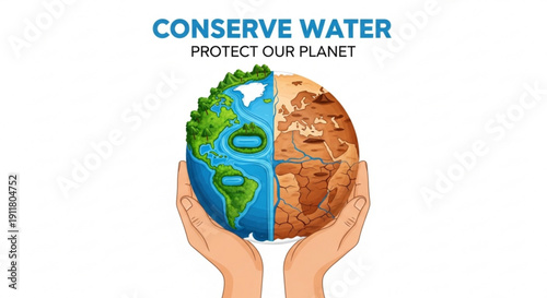 Hands holding a split Earth showing lush green planet and dry cracked land conserve water concept environmental protection message