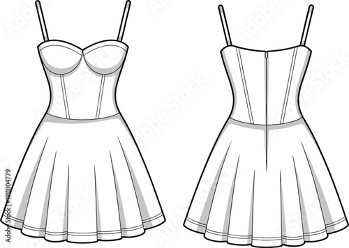Cad drawing flat vector illustration of sleeveless dress template with spaghetti straps, fitted bodice, flared skirt, front back view