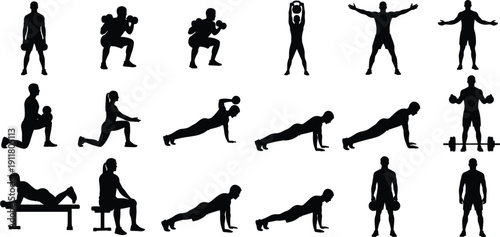 Fitness workout silhouettes collection, strength training exercises with dumbbells barbell push ups black vector illustration set