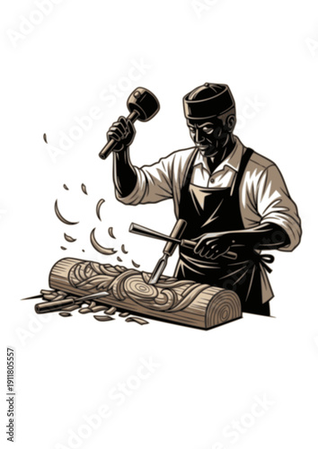 Traditional Woodcarver Artisan Silhouette Local Flavor Heritage Craftsmanship Workshop Vector Illustration
