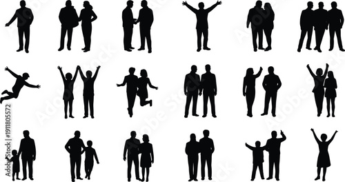 Collection of diverse human silhouettes in various active and social poses on white background vector
