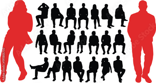 Collection of red and black silhouettes of people sitting and standing in various poses vector illustration