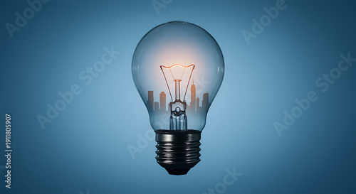 A lightbulb with a glowing filament against a blue gradient background.