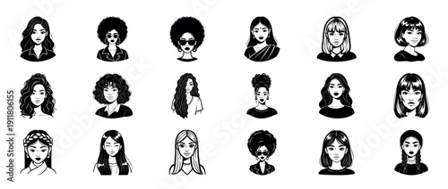 Illustrations of diverse female hairstyles and fashion across cultures