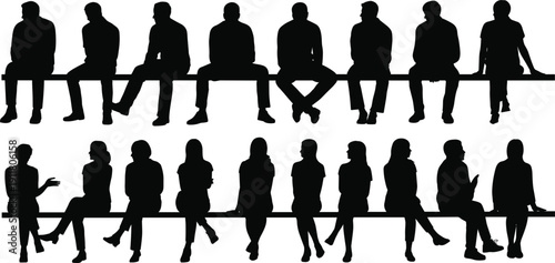 Diverse group of people silhouettes sitting on a bench in various poses and genders Keywords: silhouette, people, group, sitting