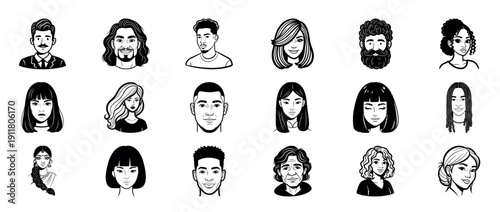Diverse group of illustrative portraits featuring various hairstyles and facial expressions