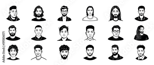 Diverse group of male characters with various hairstyles and facial hair