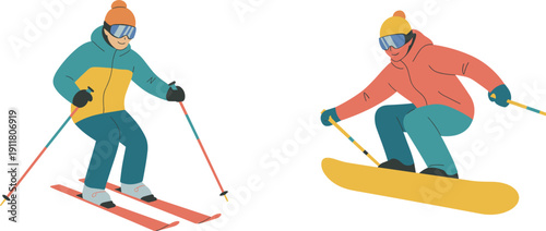 Professional skiers and snowboarders vector illustration set, showing winter sports, outdoor mountain activity and exercise concept