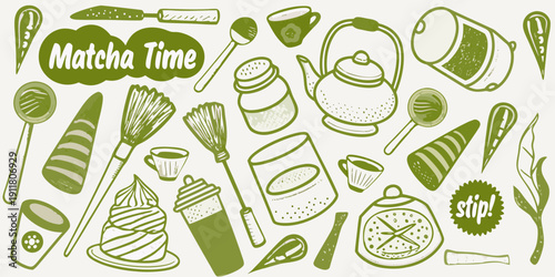 A collection of hand drawn matcha tea tools and desserts in green tones