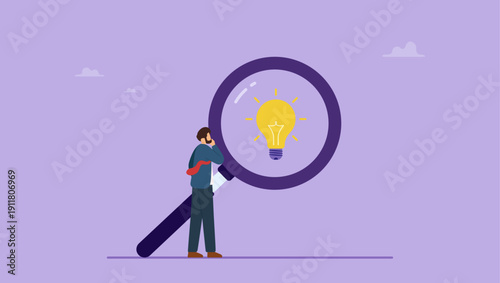 Businessman looking at idea light bulb from magnifying glass. Analyze and choose best business idea concept, discover ideas.