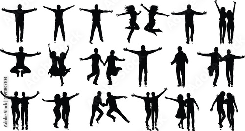 Happy people silhouettes set with jumping friends and couples celebrating together black vector illustration isolated on white background