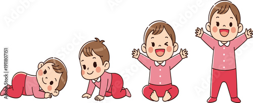 Baby development stages, infant growth milestones, crawling baby, sitting baby, standing baby, cartoon baby, child motor skills, early childhood illustration