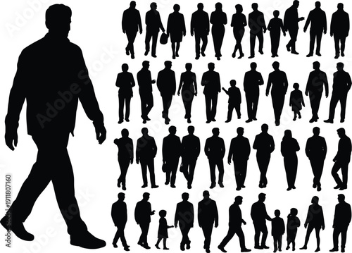 Large group of black silhouettes of people walking and standing in different formations crowd