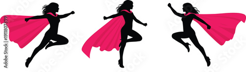 Flying superhero woman silhouette, pink cape motion, dynamic vector art, empowered female pose, action design, strength and movement illustration