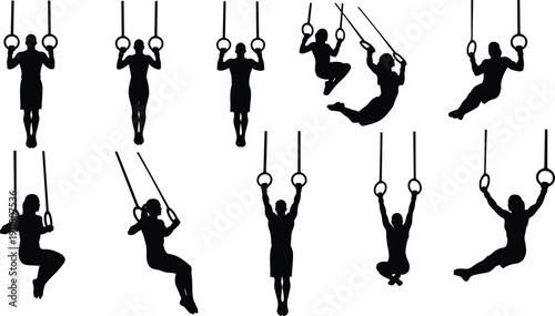 Gymnastic ring exercise silhouettes, black vector poses, strength training design, athletic movement illustration, calisthenics workout icon set
