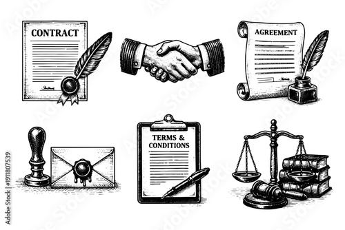 Business contract engraving. Hand drawn vintage law and deal symbols sketch illustration.