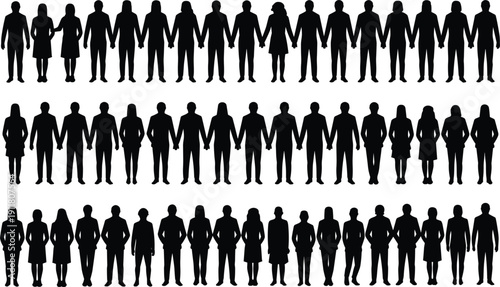 Rows of black silhouettes of men and women standing holding hands people