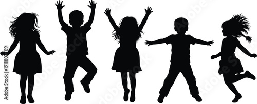 Jumping children silhouette group, happy kids playing together, joyful childhood activity, freedom energy concept, playful movement, isolated white background