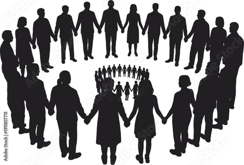 Silhouettes of a large group of people holding hands in concentric circles on white background vector