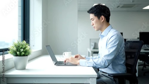 Focused Asian businessman typing on laptop in a modern office next to a bright window during the day