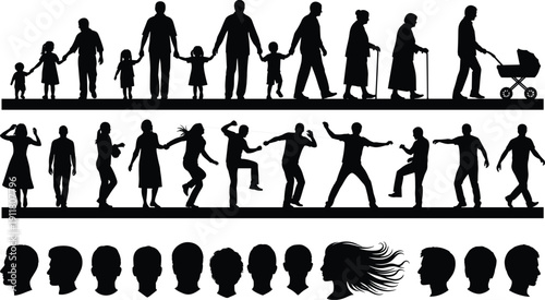 Human life cycle silhouettes collection, family growth stages, youth activities, aging process and head profiles black vector set