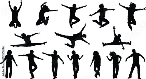 Jumping and dancing people silhouettes collection, energetic men and women isolated on white background illustration set