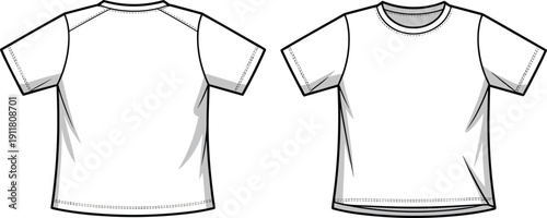 Basic t-shirt CAD drawing, flat vector illustration, front and back view, fashion technical sketch, casual wear design, garment CAD template, simple clothing outline, apparel vector art