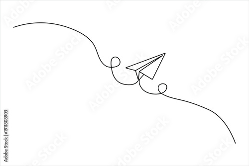 Ultra-minimal paper plane silhouette drawn with a single continuous line, focusing solely on the outer contour for a clean, modern linear design.