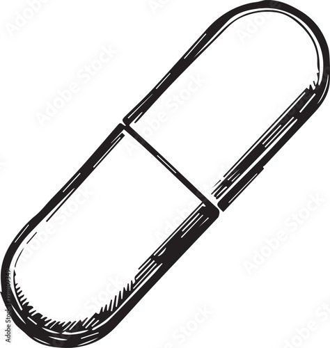 A minimalist artistic rendition showcases a singular capsule, stark and illustrative. The stark monochrome graphic and clean lines accentuate the singular pill’s form.