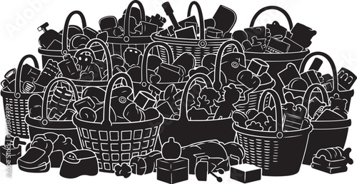 Black and white illustration of overflowing shopping baskets and goods
