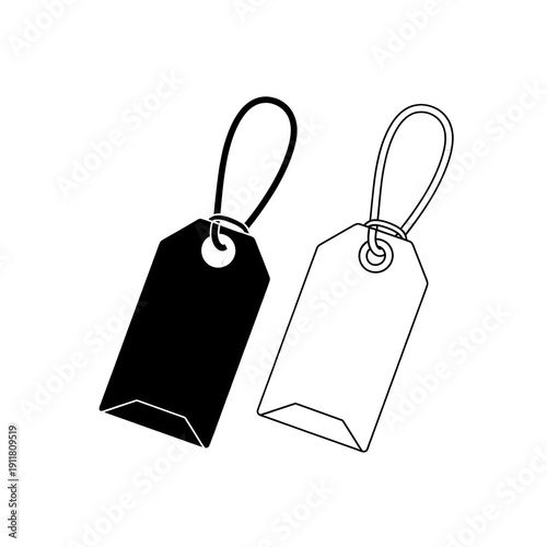 Simple illustration of two tags, one black and one outlined, with strings attached, resembling labels or identifiers, similar to a Whisk