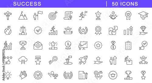 Success icon set. Successful icons in line style. Editable web icons achievement, star, best, reward, medal, motivation, winner, grow etc. Vector illustration.