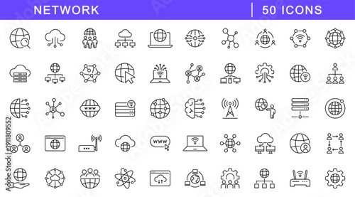Network icon set. Networking icons in line style. Editable web icons internet, wireless, cloud computing, computer, communication, database, cyberspace, server, device, digital. Vector illustration.