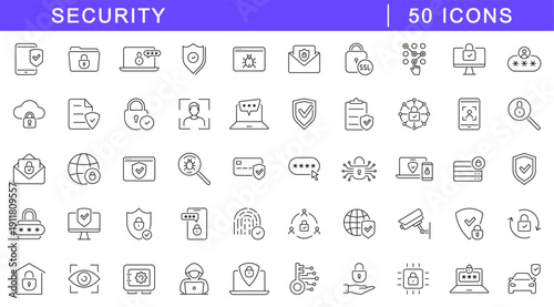 Security icon set. Protection icons in line style. Editable web icons safety, privacy, secure login, fingerprint, biometric, shield, lock, password etc. Vector illustration.
