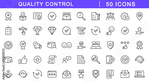 Quality control icon set. Quality icons in line style. Editable web icons for control, accuracy, efficiency, performance, industry, production. Vector illustration.