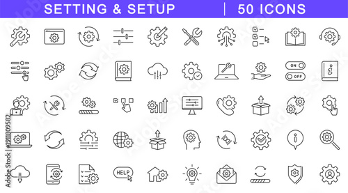 Setting icon set. Setup icons in line style. Editable web icons for statistics data, installation, configuration, service, customization, system update, maintenance, optionetc. Vector illustration.