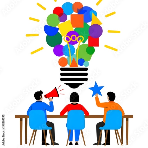 Team brainstorming session with creative ideas represented by colorful shapes and lightbulb, people collaborating around a table, Whisk concept visualized