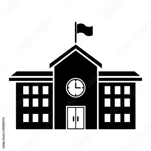 School building illustration with clock and flag on top viewed from front