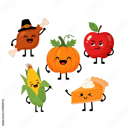 Cartoon characters of food items like pumpkin, turkey, apple, corn, and pie are anthropomorphized with smiling faces and legs, Whisk style
