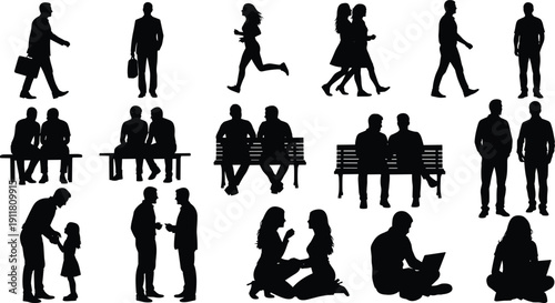 People silhouettes collection, men women walking sitting talking, everyday life black vector illustration isolated set
