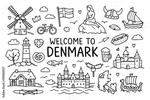 Denmark travel doodle set, hand drawn Danish city symbols and landmarks in line art style
