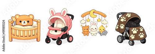 Cute baby items with crib, stroller, mobile, brown stroller
