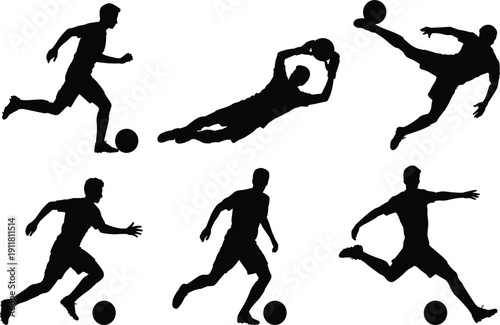 Professional soccer football player silhouette set, showing athlete competition, goal kick and training concept