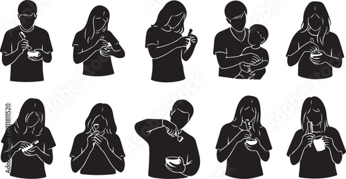 Silhouettes of people drinking coffee in various poses daily