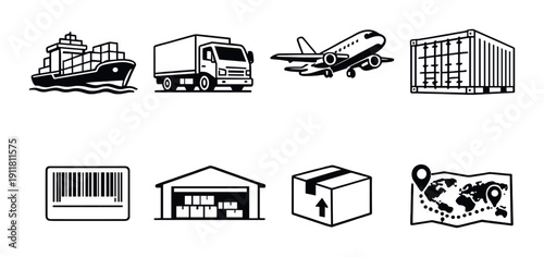 Logistics icons: ship, truck, plane, container, warehouse, barcode, box, map