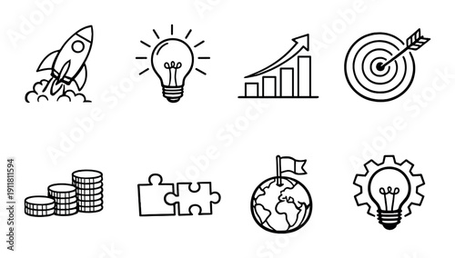 Business icons set: rocket, lightbulb, growth chart, target, coins, puzzle, globe, gear
