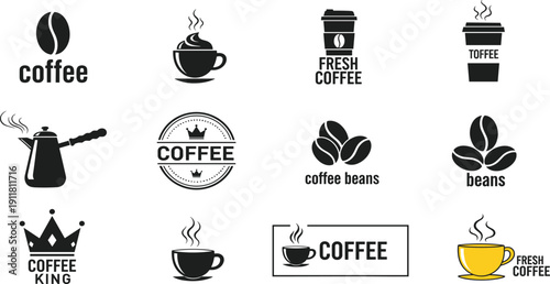 Coffee logo collection, fresh coffee icons, coffee beans symbols, cafe design elements, modern coffee shop branding, espresso cup illustrations, barista