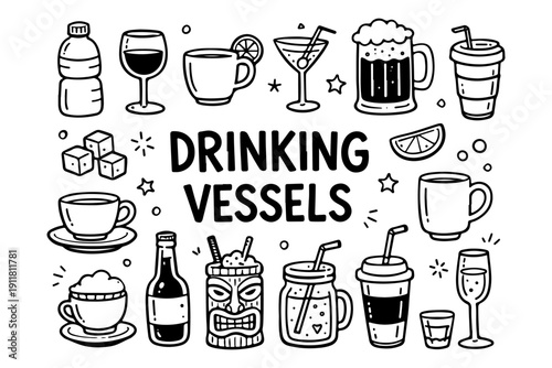 Drinking vessels doodle set, hand drawn beverage cups, glasses and bottles collection in line art style